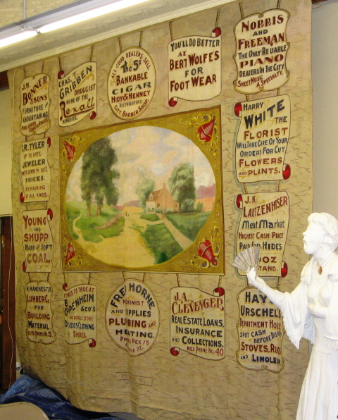 Advertising circa 1910 on Old Opera Curtain (Restored), North Manchester